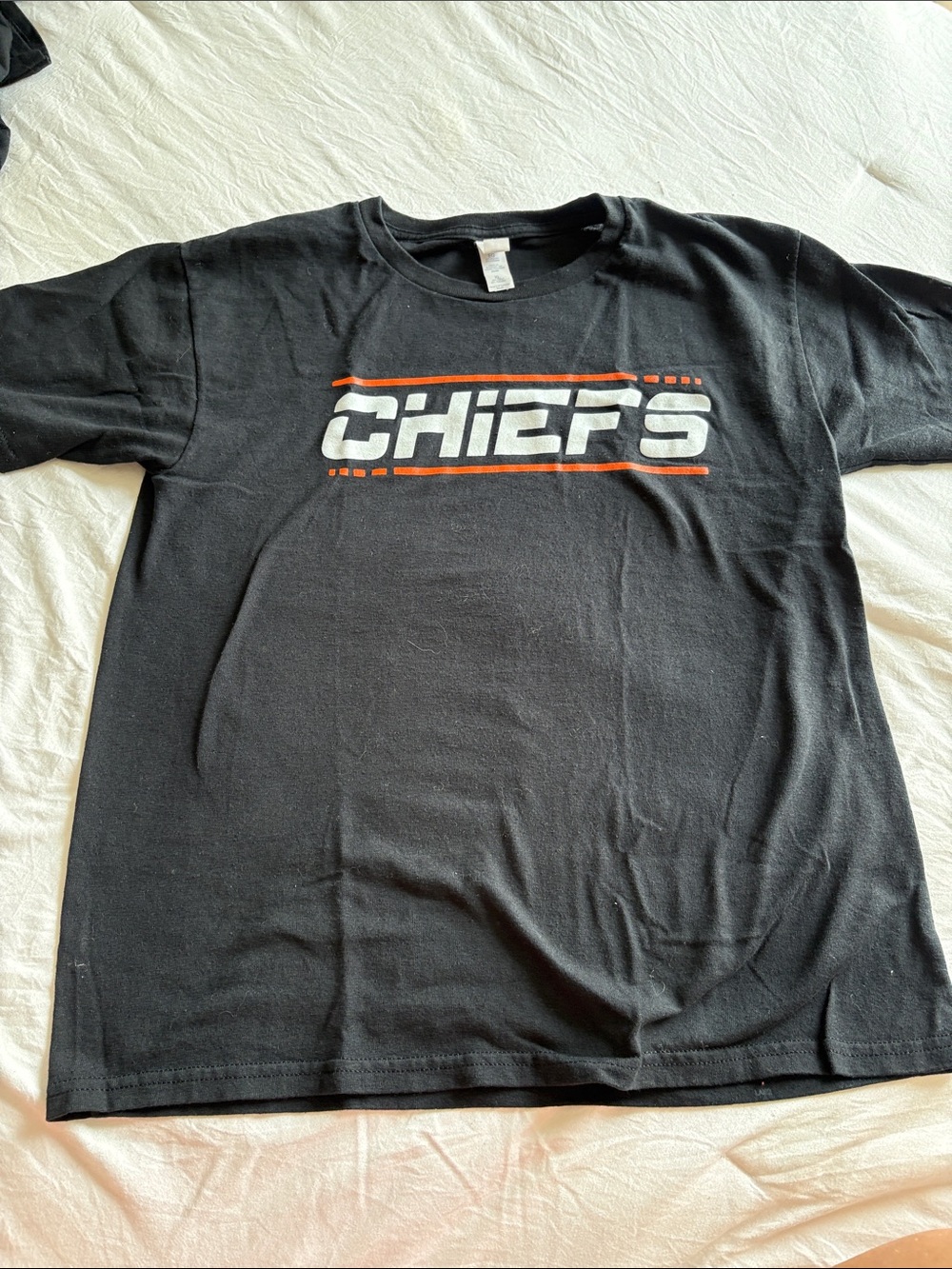 Jerzees Black Tee with White and Orange 'CHIEFS' Graphic